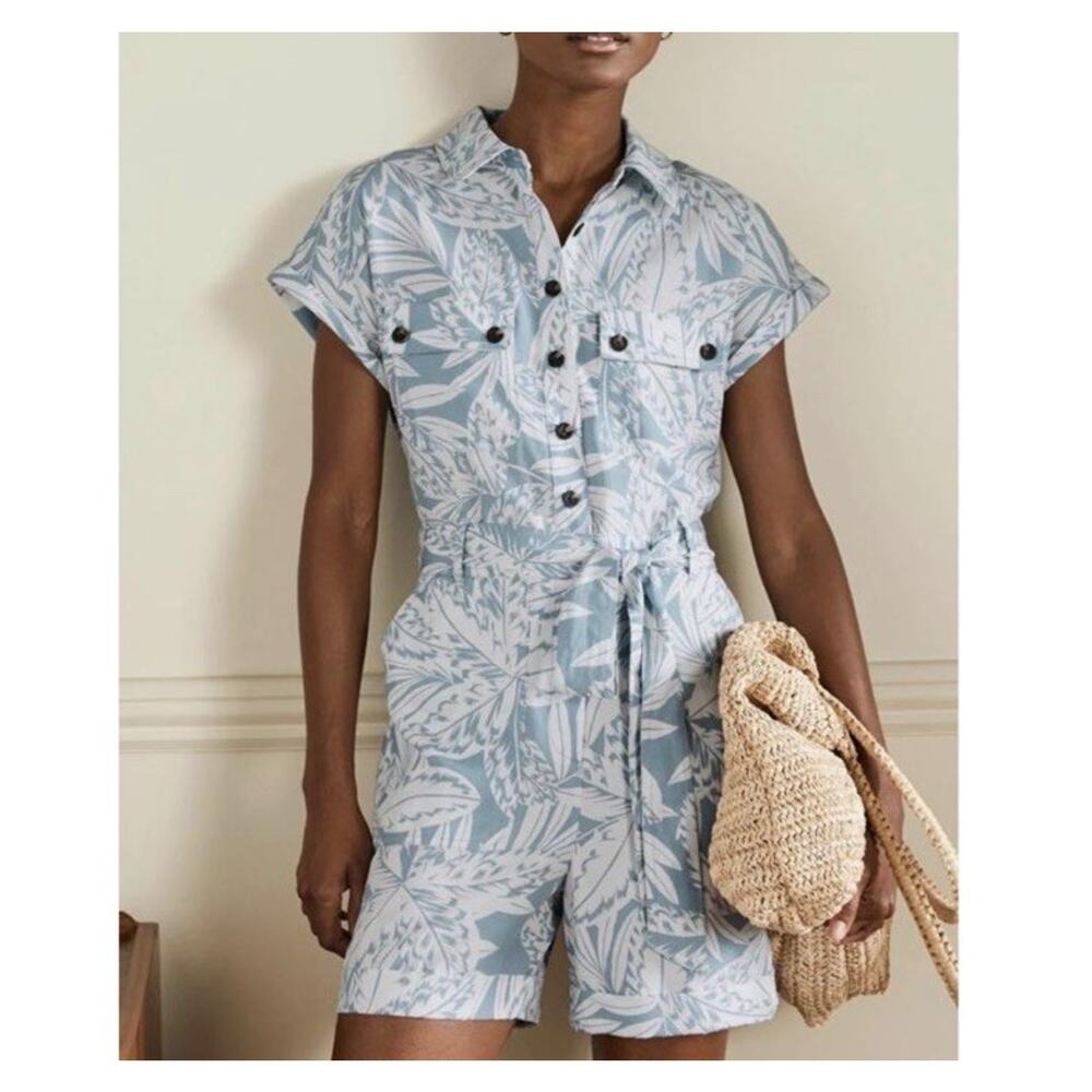 Boden Romper Womens Size 6R Blue White Floral Button Front Short Sleeve *NO BELT